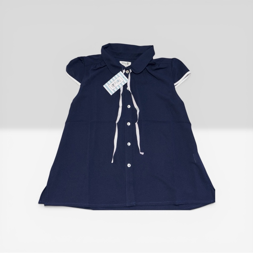 Tulip B Top Women Medium Navy Blue White Trim Preppy Cap Sleeve Peter Pan Collar